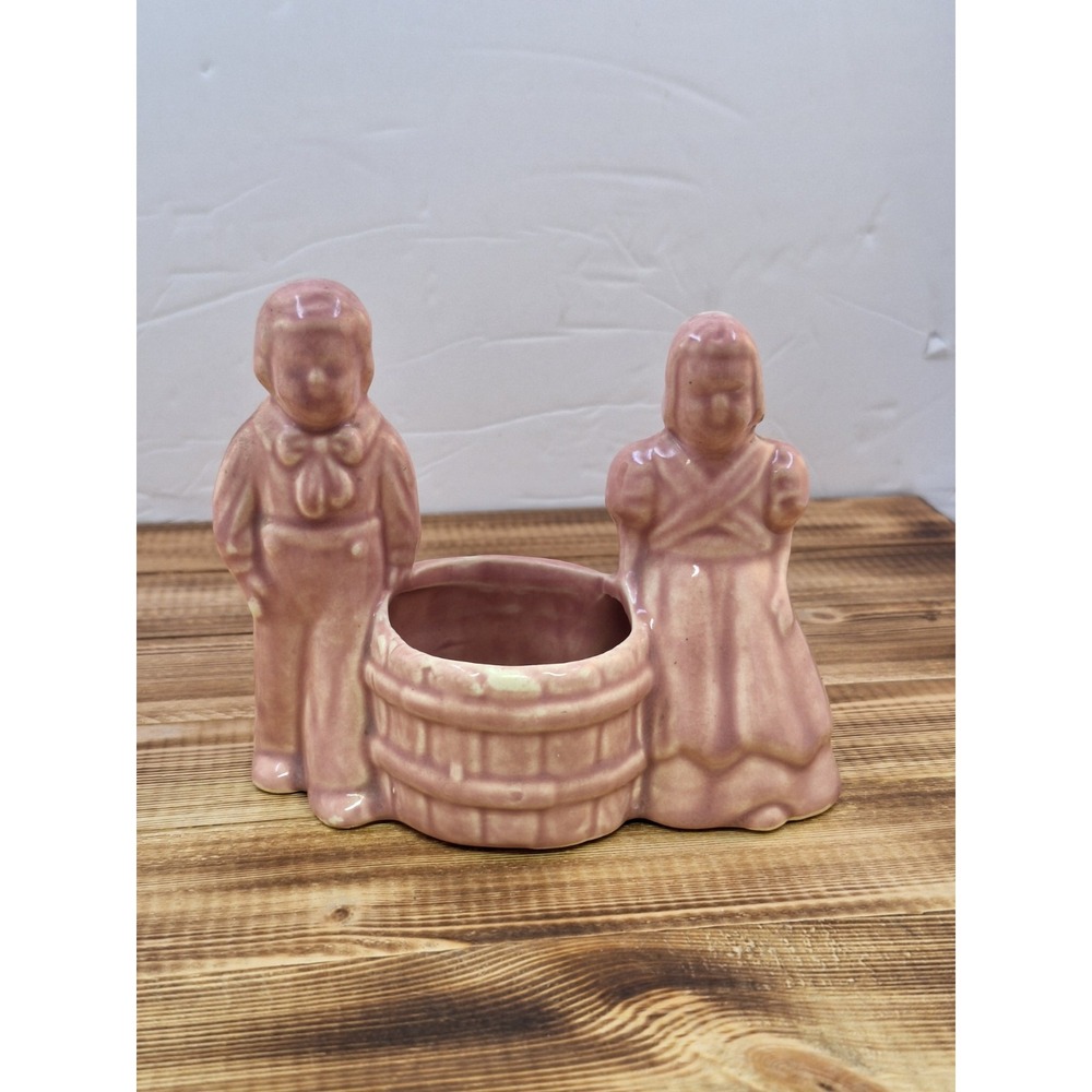 Vintage "Jack & Jill" Dutch Boy Girl Bucket Wishing‎ Well Pink Pottery Planter